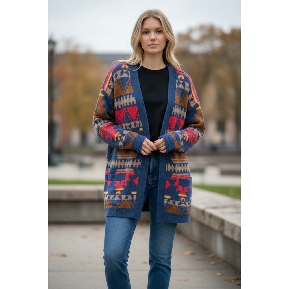 Lucky Brand Womens Long Southwestern Navajo Aztec Print Cardigan New with Tags